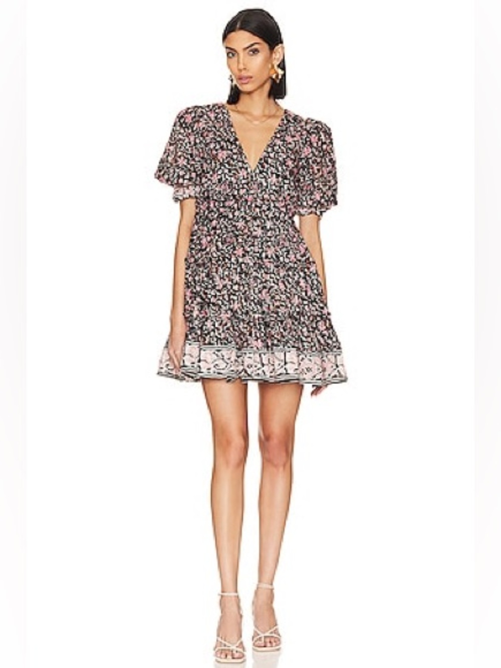 Cleobella Lauren mini dress in a black and pink floral fan print.